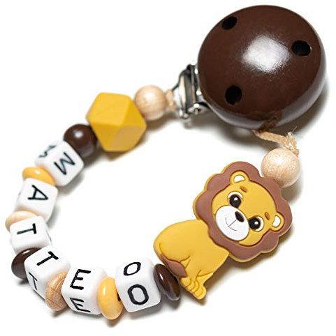 Personalisierte Baby Schnullerkette mit Namen – Verschiedene Modelle für Jungen und Mädchen, Perfektes Geschenk für Babys (orange, braun, silikon, Löwe)