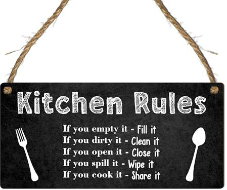 Kitchen Rules Sign – MDF Wooden Plaque for Home Kitchens – Fun Kitchen Etiquette Reminder, Ideal for Family Kitchens, Rustic Home Decor with Fork & Spoon Design