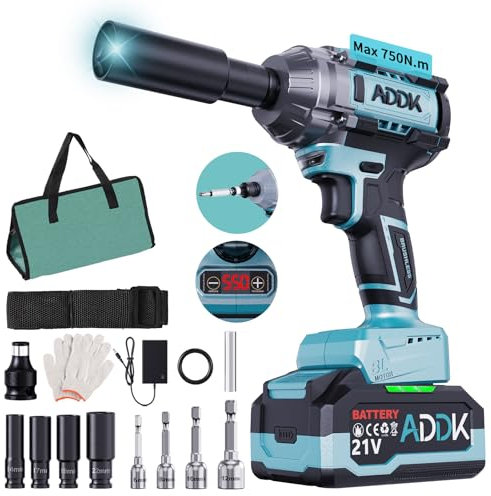 BHFFTHK Avvitatore a Impulsi a Batteria 750Nm,1/2’’ Elevata Avvitatori a Massa Battente con 1 Batteria 4.0Ah 21v -2600RPM con 4 Bussole, Caricatore Rapido,per Auto di Famiglia