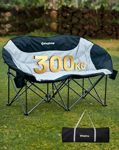 KingCamp Doppelter Campingstuhl Faltbar XXL 300 kg Belastbar, Campingstuhl Faltbar für 2 Personen, Hochlehner Gepolstert Ergonomisches, Luxus Klappstuhl für Camping, Garten, Angeln, Balkon, Outdoor