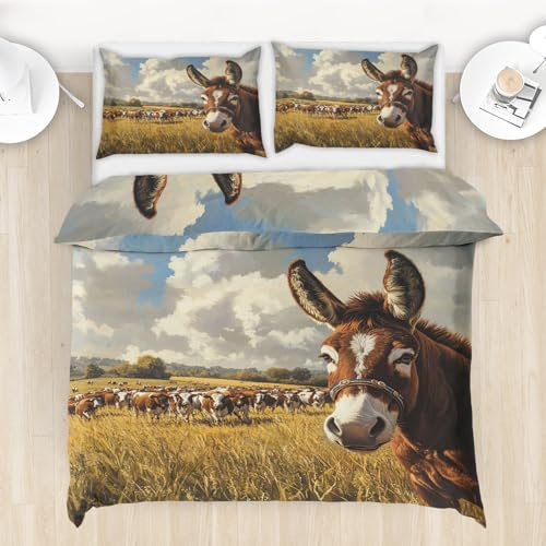 Maohryzed Esel Winter Bettwäsche 135x200 4 Teilig - Nutztiere Bettwäsche-Sets - Mikrofaser Wendebettwäsche - 2 Bettbezug 135x200 cm mit Reißverschluss und 2 Kissenbezüge 80x80 cm