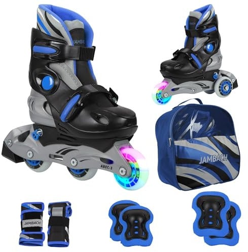 JAMBACH Kinder Inline-Skates mit Schutzset verstellbar zum Rollschuh mit Led (Blau-Schwarz, XS (26-29) ohne Helm)
