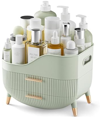 SIOOUI Makeup Organiser with 2 Drawers, Skincare Organiser for Vanity Green | Large Capacity Cosmetic Display Cases with Handle for Lipsticks, Nail Care, Ideal for Bedroom, Bathroom and Countertop