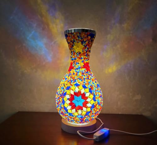 Maimeili Retro türkische Mosaik Vase Lampe türkische marokkanische Tischlampe bunte handgefertigte Glasvase mit Holzbasis für Blumen USB Lade Dekor Licht für Schlafzimmer Umgebung Wohnzimmer