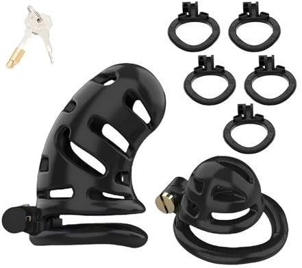 Keuschheitskäfig-Set mit 2 Unterschiedlich Großen Peniskäfig Männlicher Penis Cage mit 5 Verschieden Ringen Sexspielzeug Chastity Cage mit Verstecktes Schloss für Männliche Penisfesselung (Black)