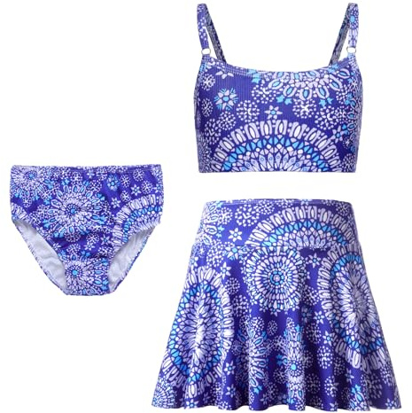 Alaiyaky Tankini MäDchen,Dreiteiliger Bedruckter Hosenträger Tankini Kinder Badeanzug Mit Rock,Sommerbadeanzüge für Kinder Von 6~12 Jahren