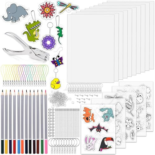 Shrink Plastic zum Basteln Set - 218 Stück Schrumpffolie Set zum Schlüsselanhänger mit A4 Schrumpfpapier & A5 Schrumpffolien plastic mit Mustern Buntstifte Locher, Shrinky Dink Paper Schlüsselanhänger