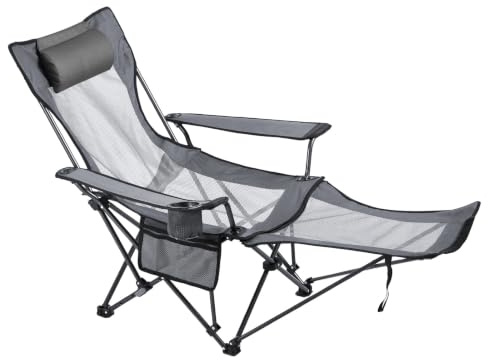 VEVOR Chaise de Camping Pliante, 4 Positions Réglables, Chaise Longue Inclinable Portable pour Adultes, avec Repose-Pieds, Appui-tête, Tissu Maille, Capacité Charge 100 kg, pour Plage, Terrasse, Gris