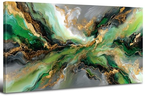 AREBOLO Abstraite Vert Tableau Decoration Murale Encadré Grande Toile Peinture Minimaliste Marbre Aquarelle Vert Gris Or Decoration Murale Salon Maison Deco Chambre Morden Décoration Murales 50x100cm