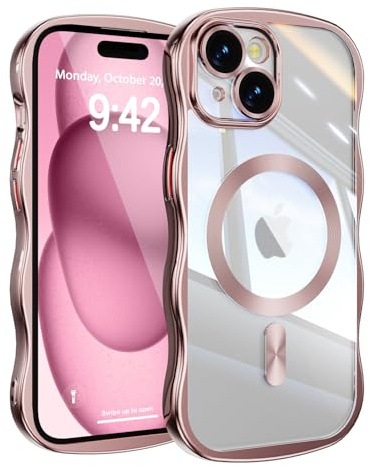 UEEBAI for iPhone 15 Case, Cute Wave Translucent Frame Magnetic Phone Case Compatible with Magsafe Full Camera Protection Cover Soft Electroplated Phone Cover for Women Girls - Pink