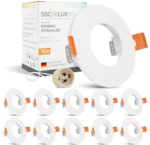 SSC-LUXon ELUMA Einbaurahmen 10er Set rund weiß GU10 flach | Zehn flache Deckenrahmen weiß - für GU10 oder LED-Module Ø50mm, einfache Montage in Wohnräumen & Fluren (ohne Leuchtmittel)