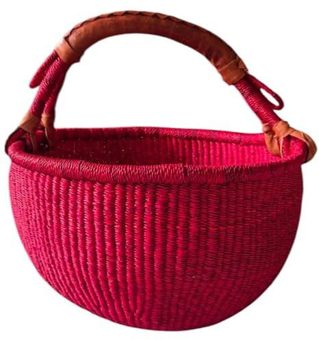 Großer Bolga Rundkorb ca Ø 30 x 30 cm – Original aus Ghana – Handgefertigt – Fair Trade – Einkaufskorb mit Ledergriff Pink