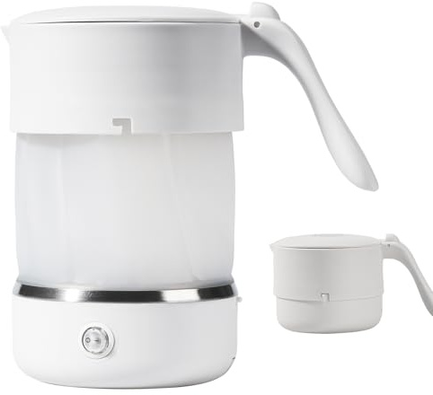 Foldable Electric Kettle – 500ML Portable Travel Kettle, BPA-Free Silicone Water Boiler with Stainless Steel Bottom, Dual Voltage 110-240V for Travel, Camping & Coffee (White)
