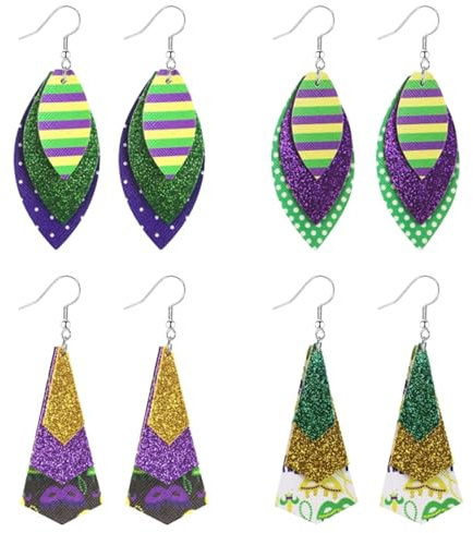 RLHRNDE 4 Pair Colorful Mardi Gras Earrings Set for Women Dainty Layer Leaf Multi-Level Teardrop Shape Dangle Dorp Earrings Glitter Statement Lightweight Earrings Fat Tuesday Carnival Holiday Jewelry