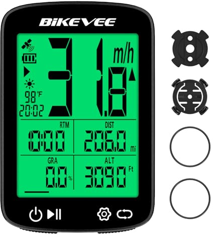 Bikevee GPS Fahrradcomputer Kabellos, 2,4 Zoll, Grünlicht | IPX7 Tacho | Fahrradtacho mit Auto Start-Stopp, 28 Std. Laufzeit, 50 g Leichtbau und Höhen-, Steigungs- und Temperaturdaten