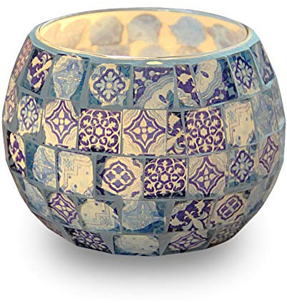 Candle Tea Light Holder, Blue-and-white Pattern Glass Handmade Candle Stands, Mosaic Style Decoration for Party Wedding Birthday Gift