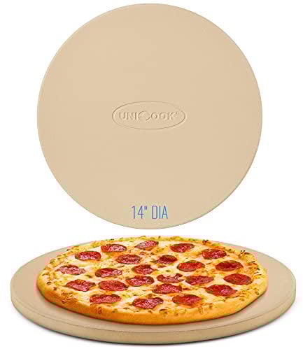 Unicook 14 Inch Round Pizza Stone, Heavy Duty Cordierite Baking Stone for Oven and Grill, Thermal Shock Resistant, Ideal for Baking Crispy Crust Pizzas, Bread, Pies and More, Includes Dough Scraper