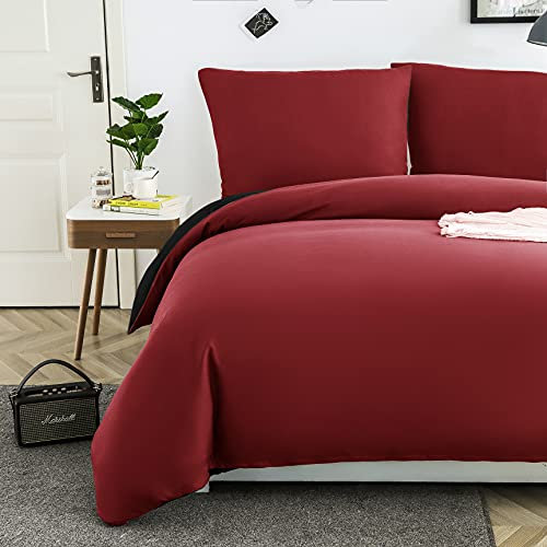 AYSW Bettwäsche gebürstet Microfaser 1 Bettbezug 200x220cm + 2 Kopfkissenbezug 80x80cm mit Reißverschluss Burgunderrot/Schwarz