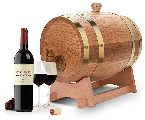 3L Weinfass aus Eiche, Eichenfass Holzfass Aufbewahrung Vintage Wood Eiche Holz Weinfass Spender mit Holz-Halterung für Whisky Bourbon Tequila