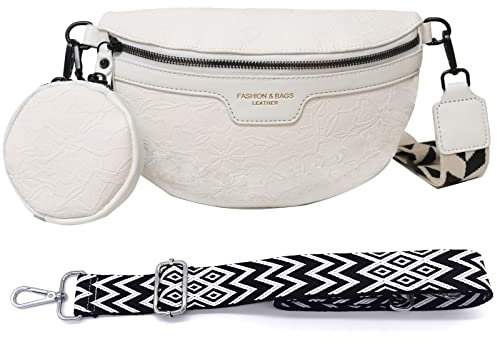 Crossbody Bag Damen Breiter Gurt,Bauchtasche Damen Leder Crossbag Damen Gürteltasche Damen Umhängetasche Damen Klein mit 2 Taschengurte(Weiß)