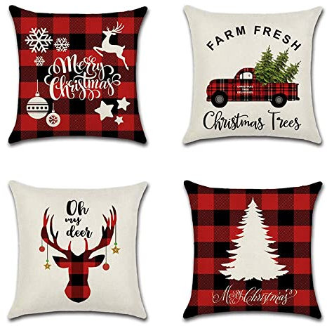 JOTOM Set mit 4 weihnachtlichen dekorativen Kissenbezügen, 45 x 45 cm, rot / schwarz, kariert, quadratisch, wasserabweisend, Kissenbezüge für Couch Schlafzimmer Wohnzimmer Auto Dekor