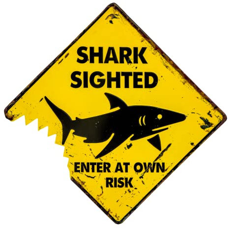 35 x 35 cm Hinweis Pool Schild Blechschild lustiger Spruch mit Hai, Betreten auf eigene Gefahr (Swimming at your own Risk)