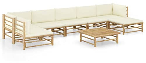 INLIFE 8 pièces Salon de jardin Bambou 8249 avec coussins blanc crème
