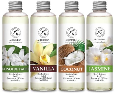 Raumduft Diffuser Nachfüller Monoi de Tahiti & Kokos & Jasmin & Vanille - 4x200ml - Nachfüller Set für Duftdiffusor - Reed Diffuser Refill - Raumbeduftung - Zimmerduft - Diffuser Nachfüllen - Raumluft