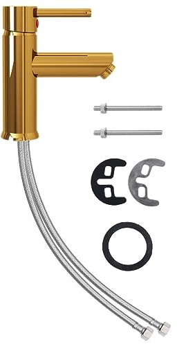vidaXL Bathroom Basin Sink Faucet Gold 130x176 mm - Robust Zinc and Brass Material, Durable Metal Handle, Flexible Stainless Steel Connection Hose, Suitable for Hot and Cold Water