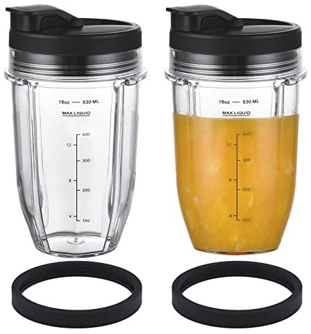 [Upgraded] Replacement 18oz Cups for Nutri Ninja Blenders, Blender Replacement Parts with Upgraded Lid For Auto-IQ BL480, BL482, BL490, BL640, BL642, & BL680 Auto IQ Series Blenders., 2 Pack