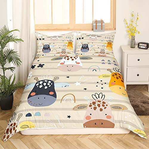 Zoo Tier Bettwäsche 135 x 200 Kinder Nette Giraffe Bettwäsche Set für Jungen Mädchen Regenbogen Bettbezug Braun Streifen Dekor Bettbezug Dreiecke Punkte Sterne Bettwäsche Set 2 Stück Mikrofaser