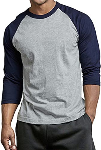 Herren Raglan Baseball Tee Shirt - Casual T-Shirts, 3/4 - Marineblau/Hellgrau, XL