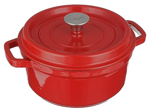 SZUN GUSSEISEN TOPF EMAILLIERT - Gusseisenpfanne – Dutch Oven - Brotbackform – Schmortopf - Bräter - mit Emaille-Beschichtung - Für Alle Herdarten, Grill und Backofen (22 CM, ROT)