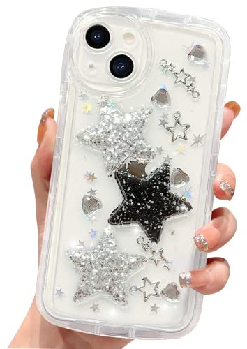 HZLFCZL Compatible with iPhone 13 Case Cute Cartoon Glitter 3D Stars Crystal Heart Clear Pattern Design Women Girls Aesthetic Kawaii Pretty Transparent Sparkly Phone Case for iPhone 13-Stars