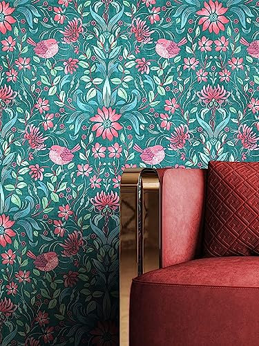 NEWROOM Tapete Grün Vliestapete Blumen - Vintage Floral Petrol Rot Blätter Vögel Blumentapete Romantisch Blumenmuster Floral inkl. Tapezier-Ratgeber