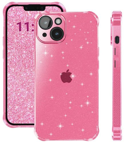 ELEVAVIDA Coque de protection fine pour iPhone 14, rose pailleté transparent, avec protection de l'appareil photo, coins anti-chocs, rose pailleté
