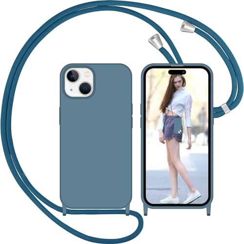 Nupcknn Silicone Liquide Coque avec Cordon pour iPhone 15, Anti-Jaunissement Coque Antichoc Housse Collier Réglable Téléphone Étui Portable Lanyard Case Protection Cover(Bleu Brique)