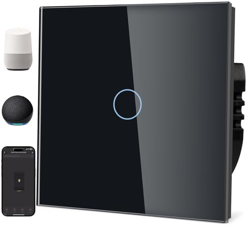 TAWOIA Interruttore della luce Smart Alexa (neutro necessario), interruttore della luce WiFi con pannello in vetro, controllo vocale per Alexa, compatibile con Smart Life e Tuya, 1 via, nero