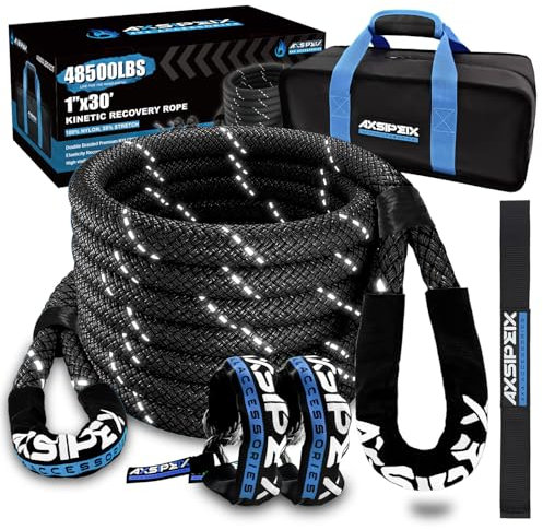 AXSIPEIX 2,5 cm × 9,2 m kinetisches Erholungsseil (22 kg), Robustes Offroad-Wiederherstellungsseil mit 2 weichen Schäkeln, 1,1 x 55,9 cm, Offroad-Wiederherstellungs-Set für UTV, ATV, LKW, Auto