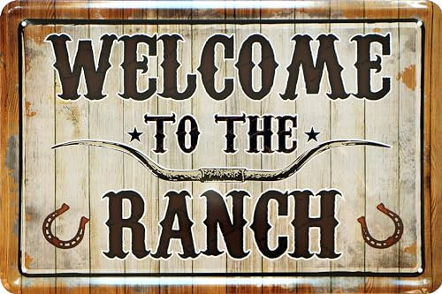 WOGEKA ART Retro Blechschild - Welcome to the Ranch - Western Cowboy, lustiger Spruch als Geschenk-Idee zur Deko, 20 x 30 cm, aus Metall im Vintage Design 988