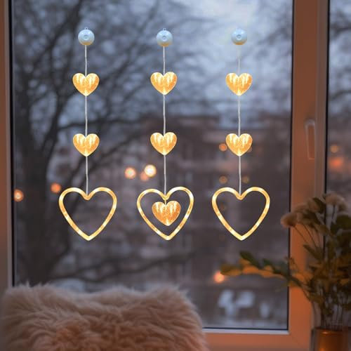 3 Stück LED Lichterkette Fenster mit Saugnäpfe, Herze Lichterkette Fenster Deko, LED Herze Lichterkette zum Aufhängen Warmweiß Herz Lichter Fensterbeleuchtung für Valentinstag Ostern Ramadan Deko (A)