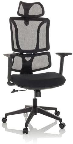 MyBuero Bürostuhl ERGOMY ergonomischer Drehstuhl & Computerstuhl mit Lordosenstütze, Kopfstütze, Armlehnen, Netz-Rückenlehne, Stoff Schwarz
