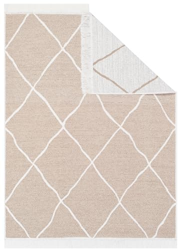TAPISO Azteca Teppich Kurzflor mit Fransen Baumwolle Waschbar Beidseitig Anwendbar Beige Creme Gittermuster Wohnzimmer Schlafzimmer Küche ÖKOTEX 60 x 110 cm