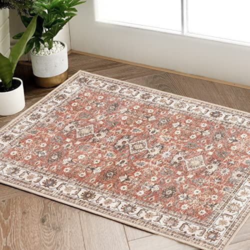 TOPICK Fußmatte Eingangsbereich Teppich Faltbar Dünner Waschbar Vintage Blumendruck Rutschfester Küche Badezimmer Wohnzimmer Schlafzimmer 60x90cm Ziegelrot