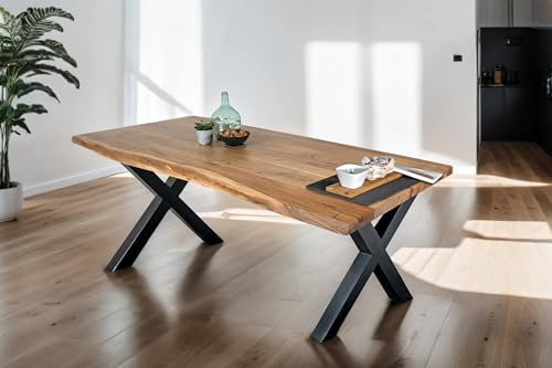 SAM Esstisch 240 x 100 cm Tomaso, Baumkantentisch naturfarben, Akazienholz massiv, X-Gestell aus Metall Schwarz, echte Baumkante