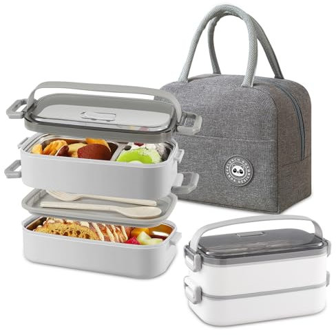 BRYN Lunch Box, 1400ml Boite Repas Compartiment avec Couverts et Sac Isotherme Repas, boîtes Bento Lunch Box pour Pique-Nique, Travail, Écoles, Camping et Fitness (Blanc)