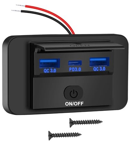 Ktilura USB C Charging Socket, 66W 3 Port Car Charger Socket with ON/Off Button,Dual 18W QC3.0 & 30W PD Type C Quick Charge Socket Outlet for 12V/24V Motorcycles,Boats,Marine,RVs,Trucks,Golf Carts