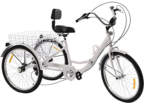 Owneed Dreirad für Erwachsene, 24 Zoll 7-Gang 3 Räder Fahrrad mit Einkaufskorb und Frontlicht, Faltbares Erwachsene Einkauffahrrad 3-Rad Dreirad für Shopping Transport (Weiß)