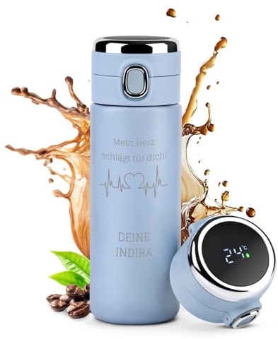 Maverton Trinkflasche mit Gravur 400 ml mit LED-Touch-Anzeige - Thermobecher auslaufsicher 100% dicht - Thermosflasche aus Edelstahl - Reisebecher für Männer - blau - Herz