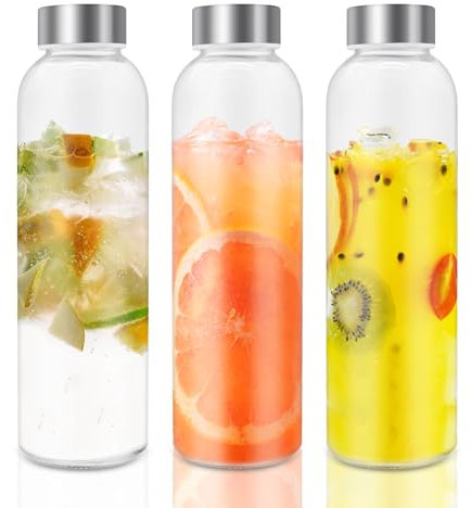Viceda 3 Glass Bottles with Lids, 500ml Airtight, Leakproof, Clear Glass Drinking Bottles for Water, Milk, Juice and Smoothies